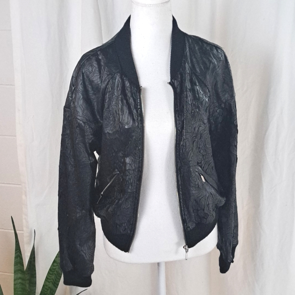 BNCI faux leather bomber jacket laser cut floral mesh zip front szM
